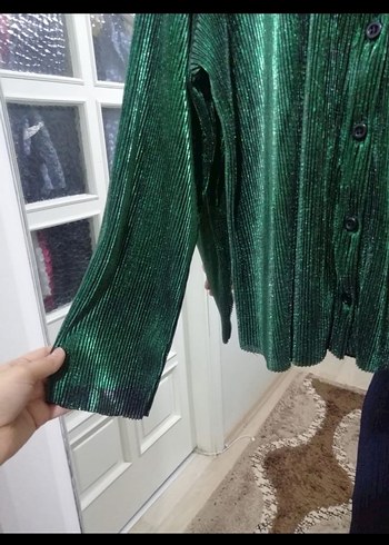 xl Beden yeşil Renk Melis ağazat Yeşil Pileli Uzun Kollu şık gömlek