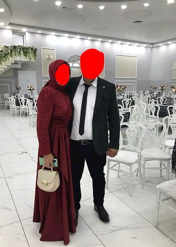 Bordo Uzun Kollu Drapeli Abiye Elbise