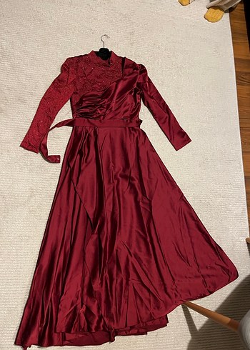 42 Beden Bordo Uzun Kollu Drapeli Abiye Elbise