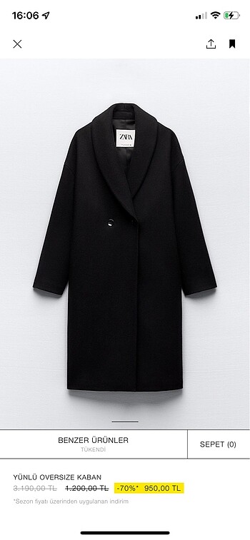 s Beden siyah Renk Zara oversize yünlü kaban yeni etiketli yeni sezon