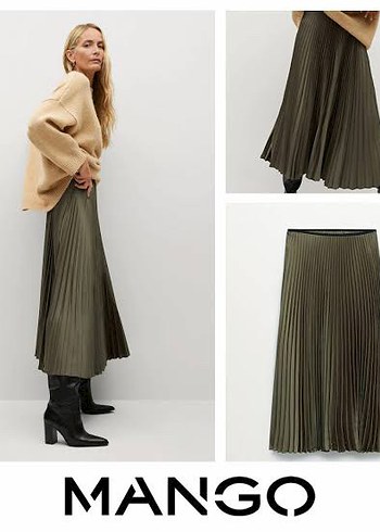 Mango Haki Pileli Midi Etek