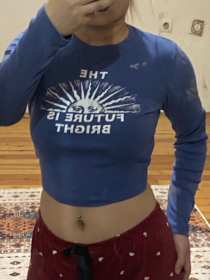 Mavi Baskılı Uzun Kollu Hamile Tişörtü - Görsel 3