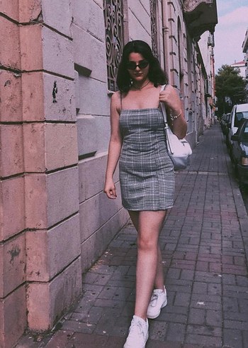 Gri Kareli Mini Elbise - Görsel 2