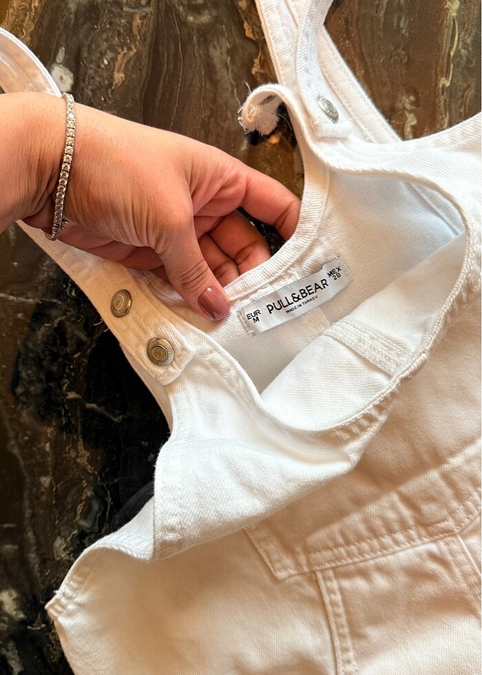 pull and bear beyaz kot salopet elbise - Görsel 3