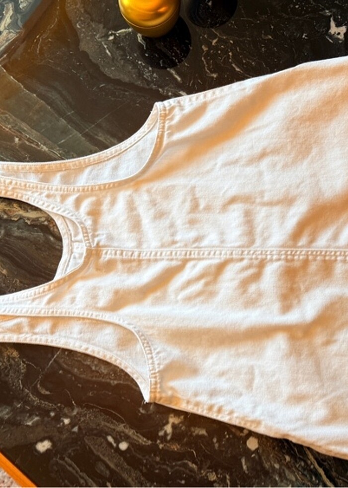 pull and bear beyaz kot salopet elbise - Görsel 4