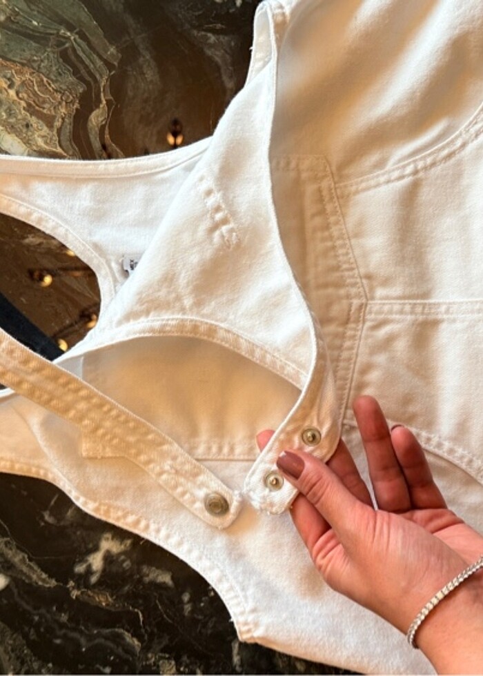 pull and bear beyaz kot salopet elbise - Görsel 5