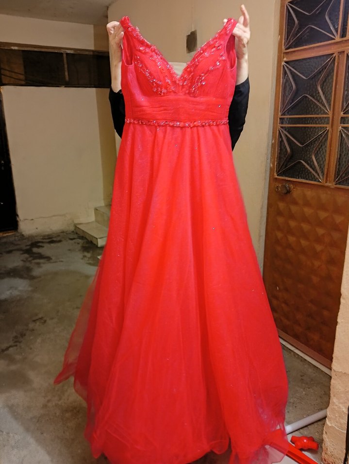 Uzun Kırmızı Drapeli Straplez Kadın Abiye - Görsel 3