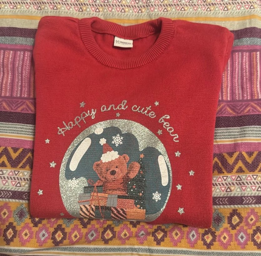 LCW Kız Çocuk Kırmızı Desenli Triko Kazak - Görsel 4