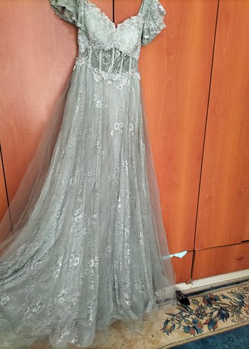 s Beden Vintage Nakışlı Gri Bohem Uzun Abiye Elbise