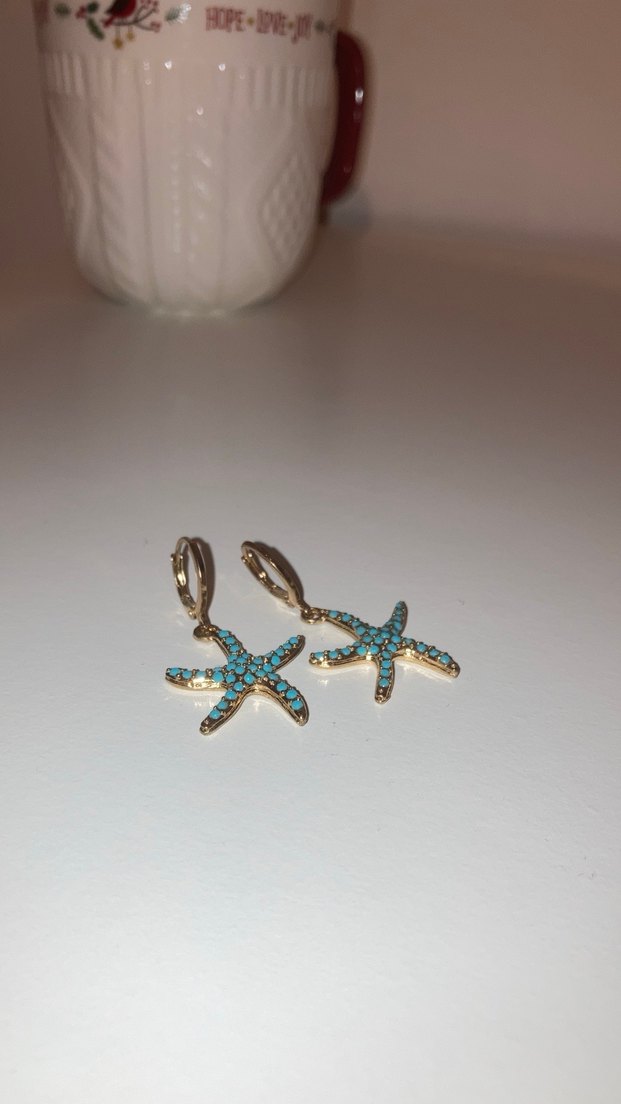 Boncuk İşlemeli Turkuaz Deniz Yıldızı Küpeler - Görsel 2