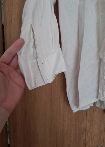 40 Beden ten rengi Renk Bej Kadın Keten Gömlek, Düğmeli, Uzun Kollu