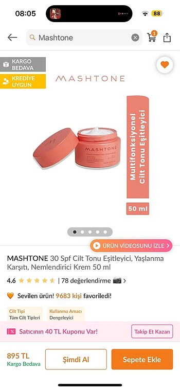 Mashtone renkli 30 spf nemlendirici