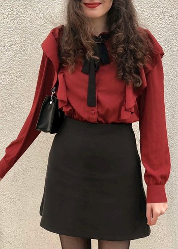 s Beden Bordo Fırfırlı Uzun Kollu Kadın Gömlek