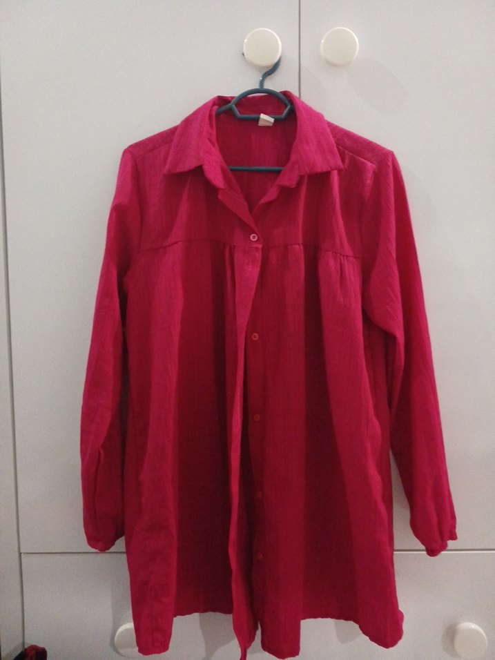 Düğmeli Pembe Keten Kadın Gömlek - Görsel 3