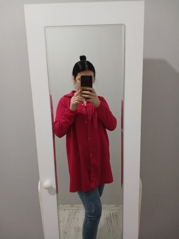 Düğmeli Pembe Keten Kadın Gömlek - Görsel 2