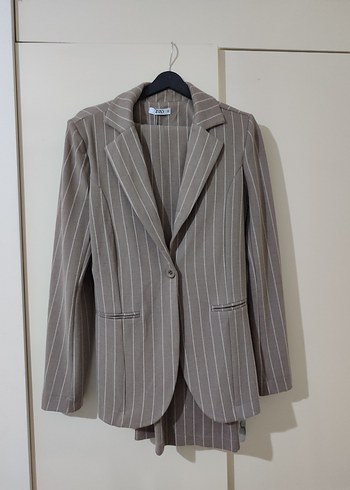 Bej Çizgili Keten Kadın Blazer Ceket