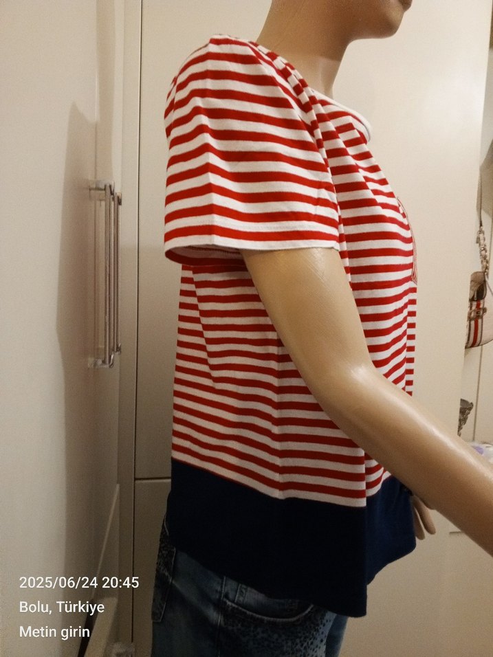 #İPEKYOL Düğmeli Kısa Kollu Çizgili Kadın Tişört - Görsel 2