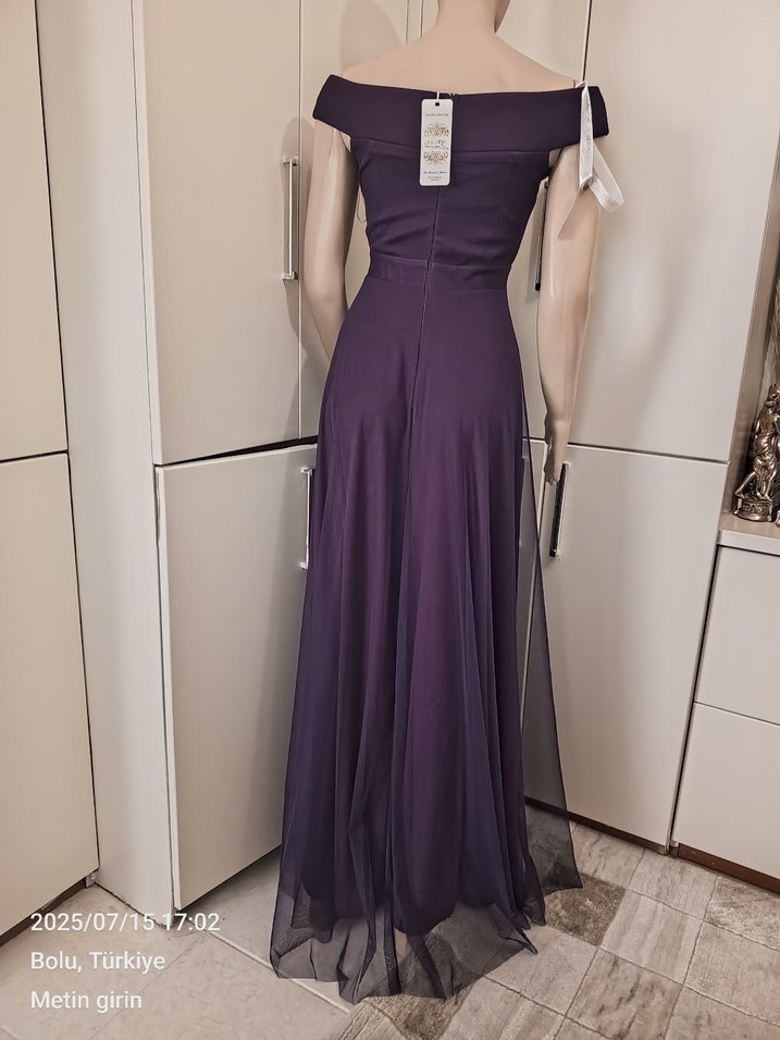 Mor Uzun Abiye Elbise V Yaka Drapeli - Görsel 2
