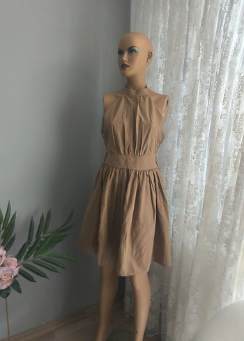 Bej Midi Keten Drapeli Bohem Elbise
