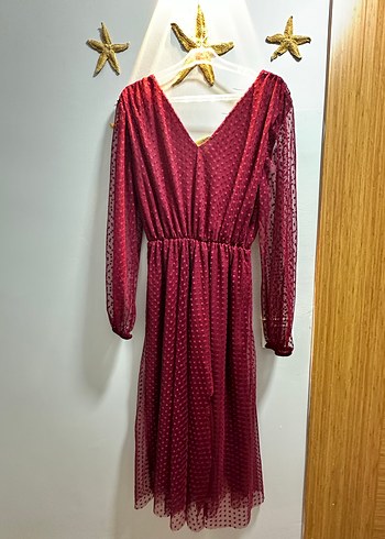 Bordo Puantiyeli Bohem Uzun Elbise - Görsel 2