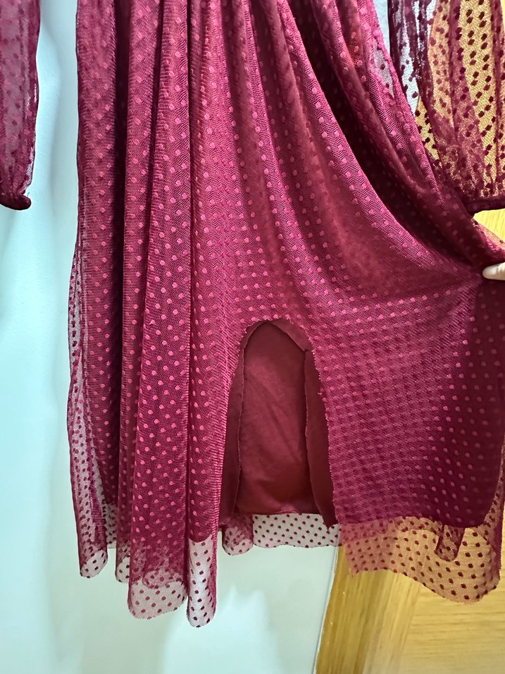 Bordo Puantiyeli Bohem Uzun Elbise - Görsel 4