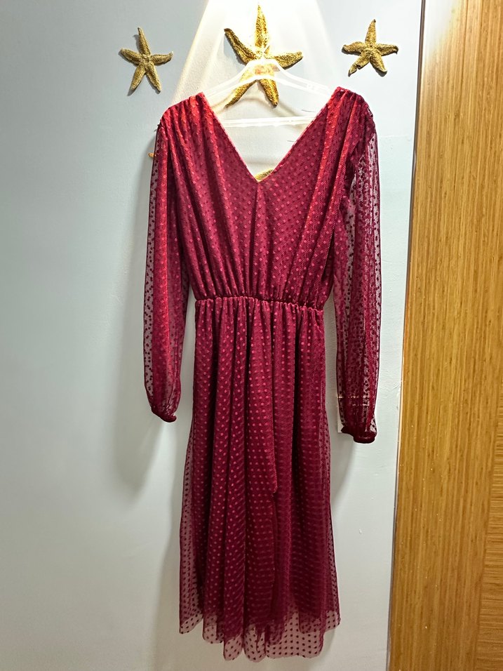 Bordo Puantiyeli Bohem Uzun Elbise - Görsel 2