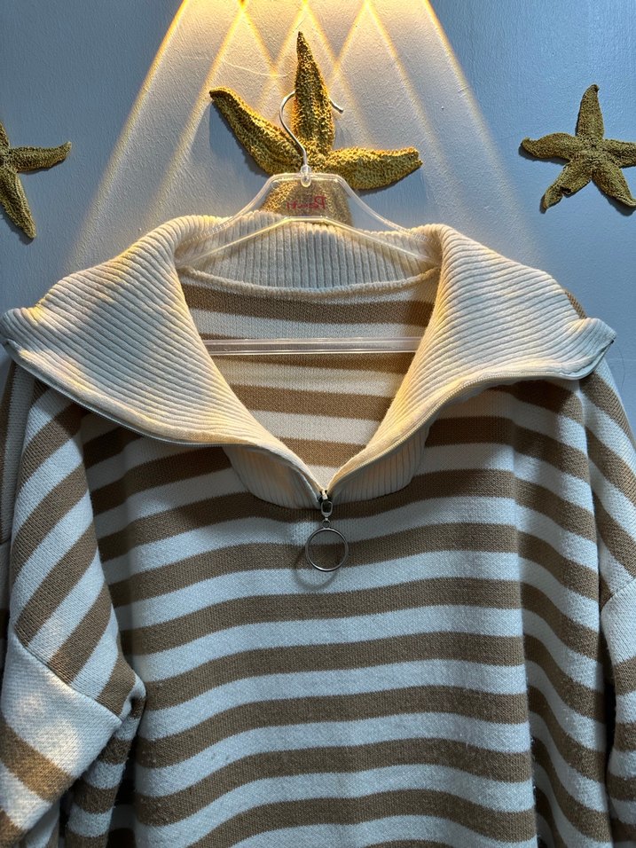 Bej Çizgili Uzun Örgü Elbise - Görsel 2