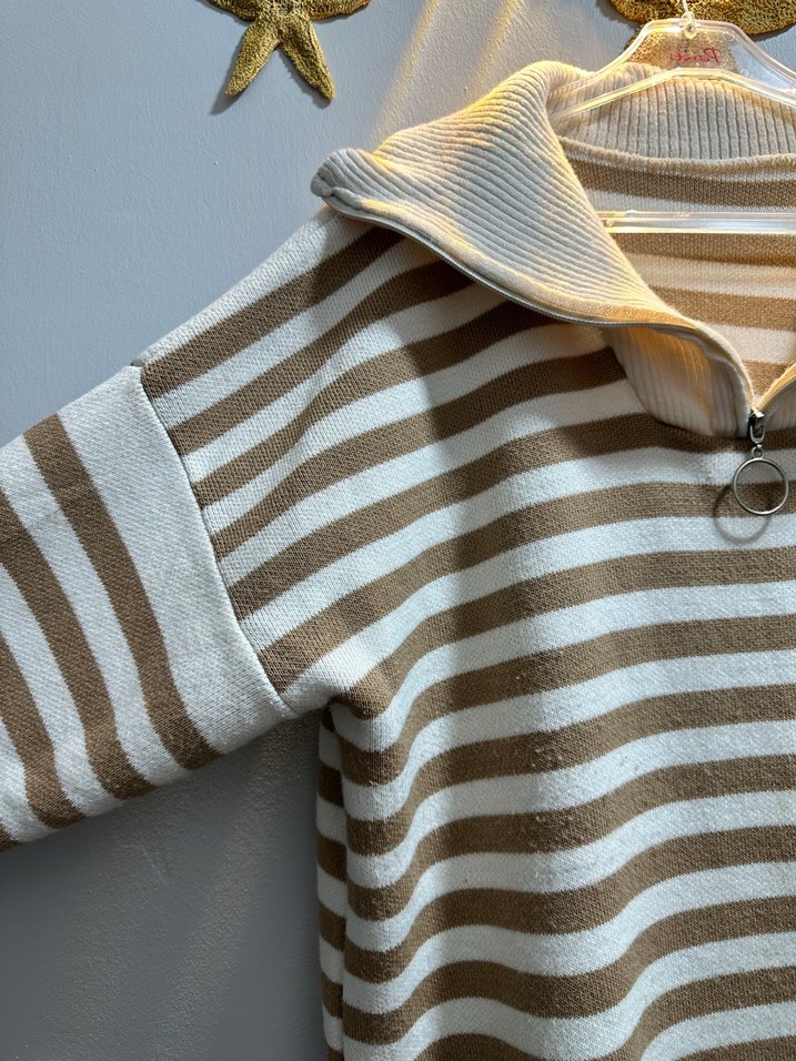 Bej Çizgili Uzun Örgü Elbise - Görsel 3