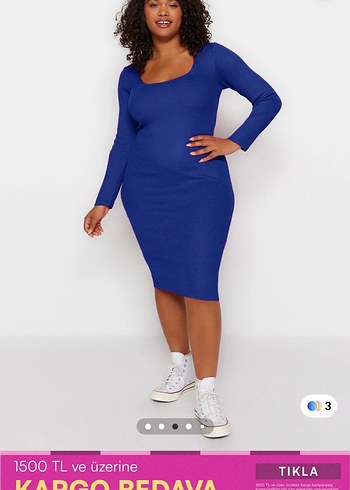 Mavi V Yaka Midi Elbise - Görsel 2