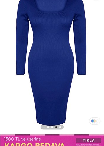 Mavi V Yaka Midi Elbise - Görsel 3