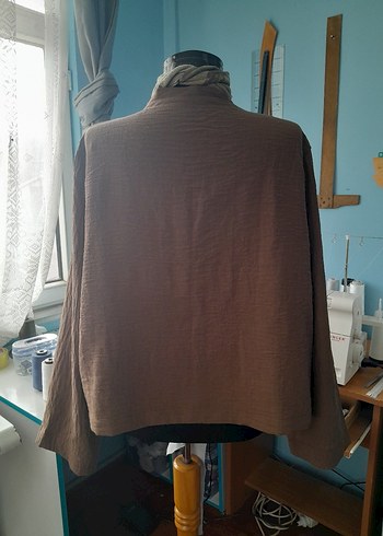 kahve rengi Midi Keten Salaş  Ceket - Görsel 2