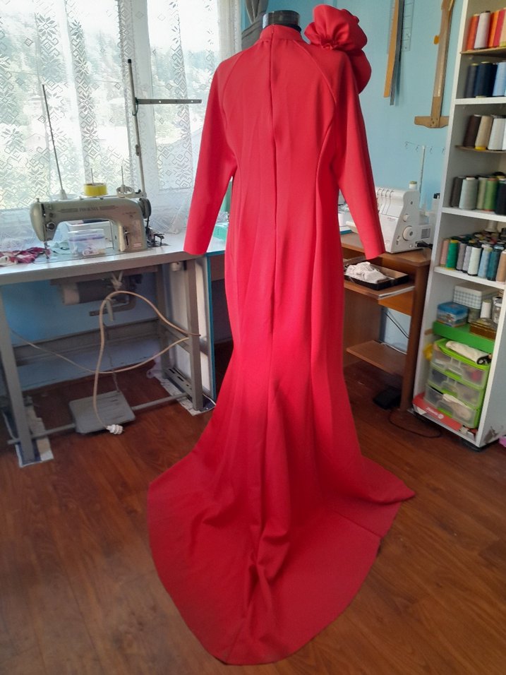Kırmızı Uzun Kollu Drapeli Kadın Abiye - Görsel 2