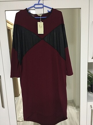 Bordo suni deri detaylı tunik