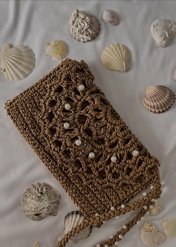 Beden kahverengi Renk Dantel Detaylı Kahverengi Örgü Bohem Kadın Clutch