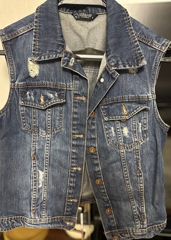 Düğmeli Mavi Kot Yelek - Görsel 2