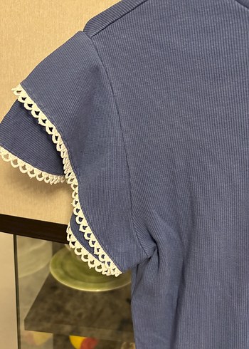 Kız Çocuk Mavi Dantelli Tişört - Görsel 2