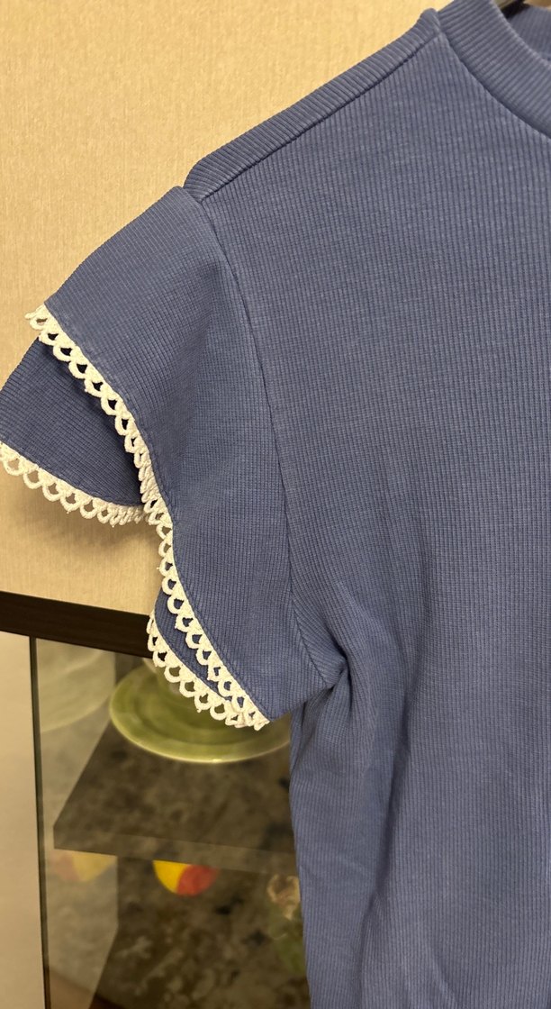 Kız Çocuk Mavi Dantelli Tişört - Görsel 2