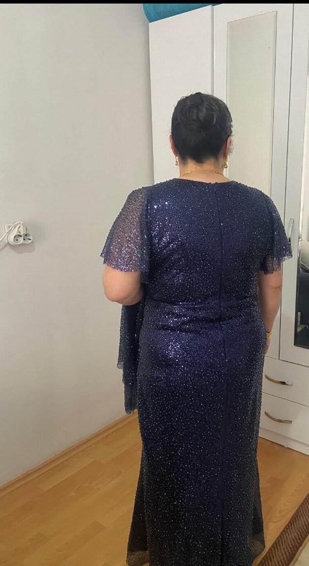 V Yaka Drapeli Lacivert Abiye Elbise - Görsel 2