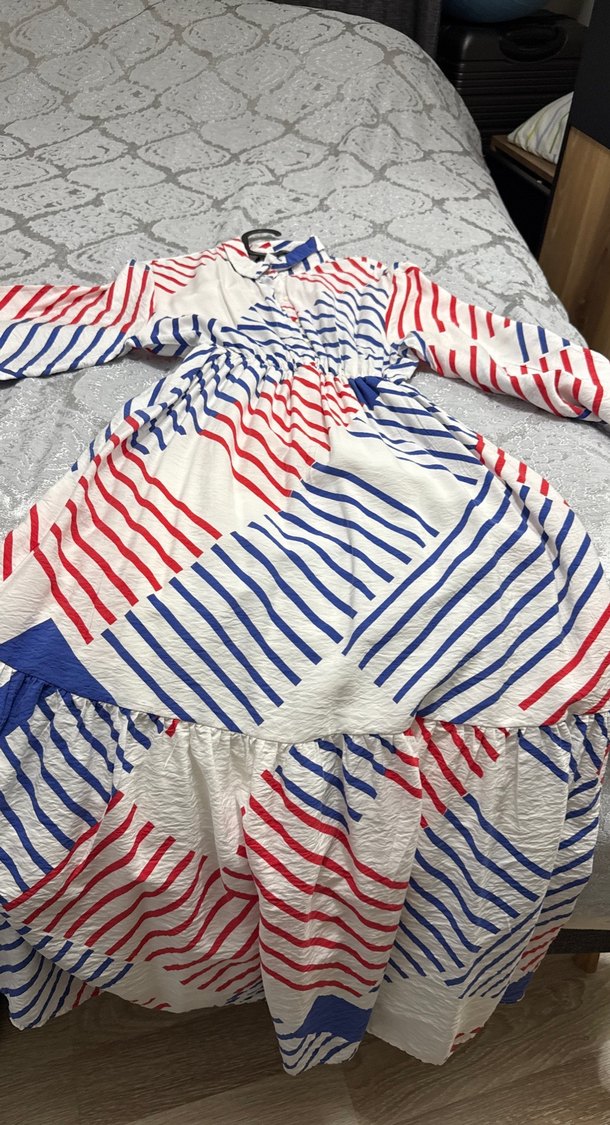 Çizgili Fırfırlı Uzun Kadın Elbise - Görsel 2