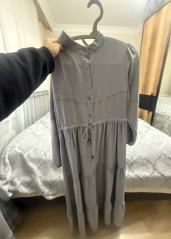 Gri Uzun Keten Bohem Elbise - Görsel 7