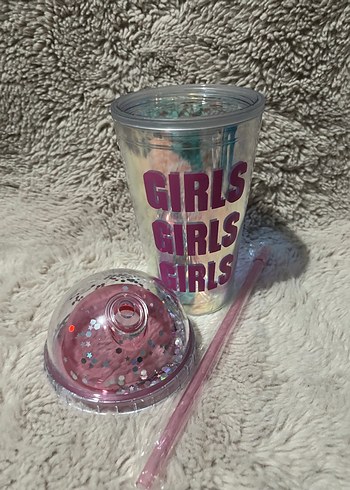 Pembe Renkli Parlak Kupa ve Pipet - Görsel 2