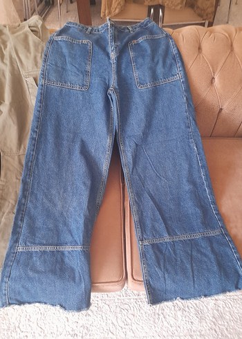 Kadın Beyaz Baskılı Bol Kesim Midi Kot Pantolon - Görsel 3