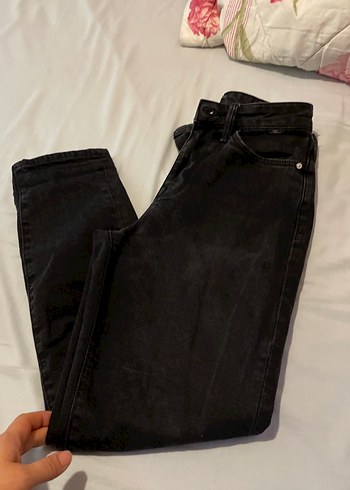 Kadın Siyah Kemerli Denim Pantolon - Görsel 9