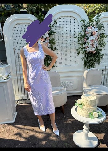 işleme Detaylı Mor Midi Abiye Elbise - Görsel 3