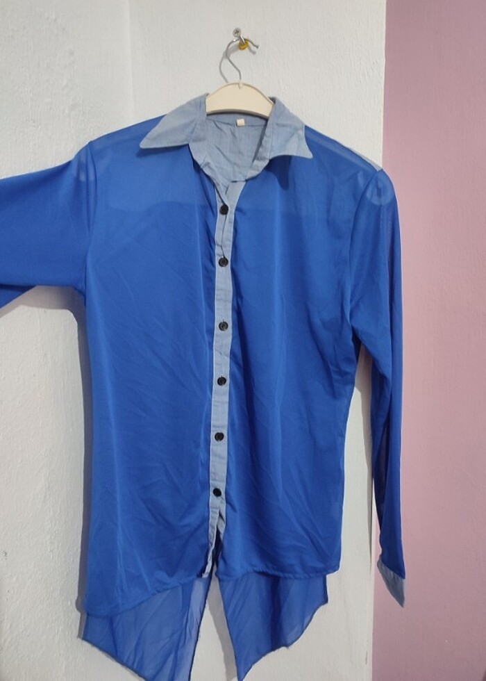 Lacivert arkası uzun bluz gömlek  - Görsel 3