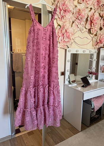 Zara Pembe Nakışlı Bohem Uzun Elbise