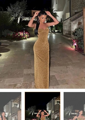 Altın Renk Drapeli Uzun Straplez Elbise - Görsel 3