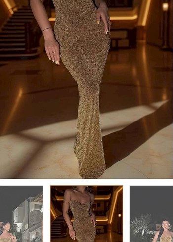 Altın Renk Drapeli Uzun Straplez Elbise - Görsel 2