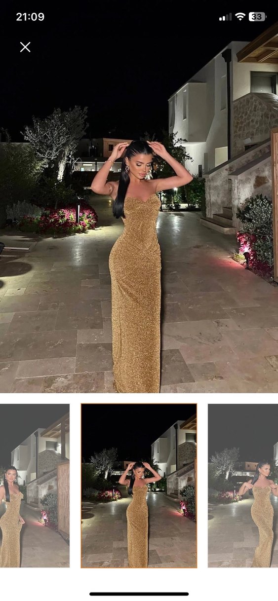 Altın Renk Drapeli Uzun Straplez Elbise - Görsel 3