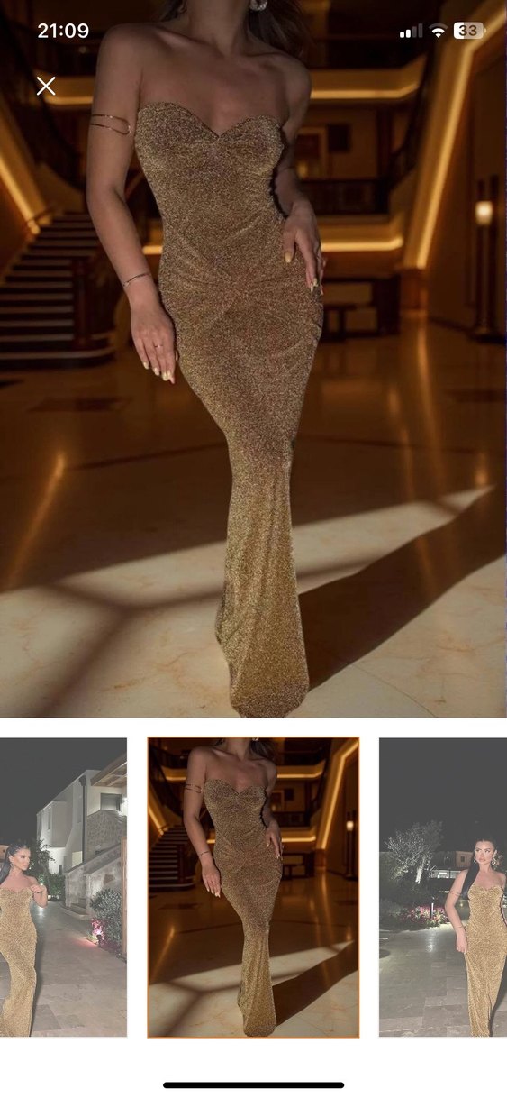 Altın Renk Drapeli Uzun Straplez Elbise - Görsel 2